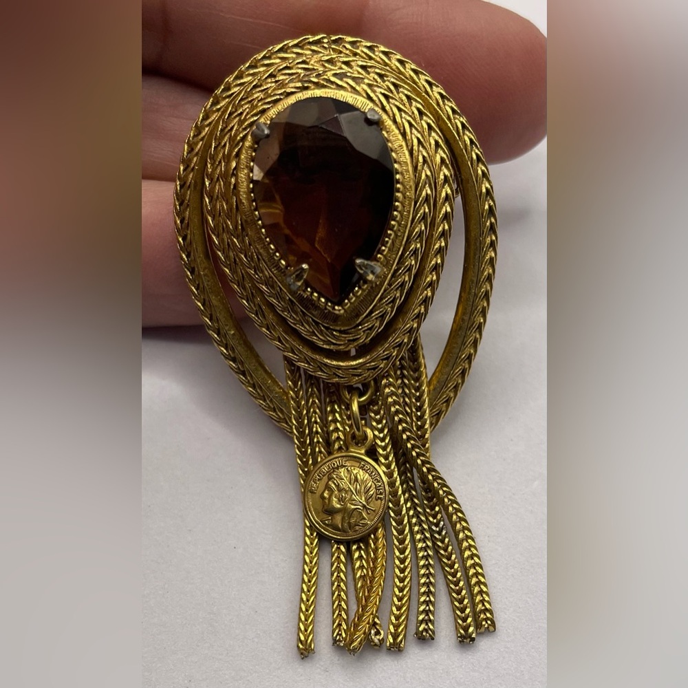 Vintage Signed Florenza Gold Tone Etruscan Revival Brooch Pin Topaz Crystal - Picture 5 of 11